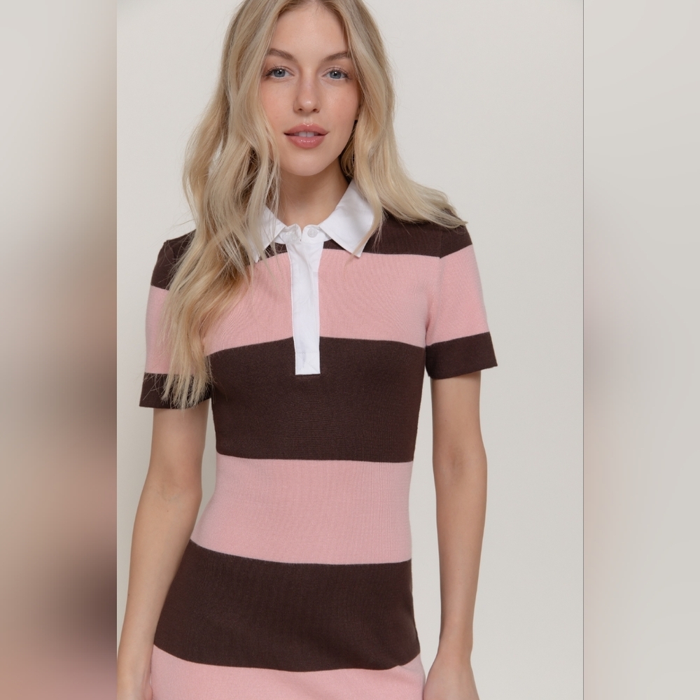 Active USA Striped Knit Polo Midi Dress - Pink & Brown Preppy Collared Sheath - Picture 4 of 15